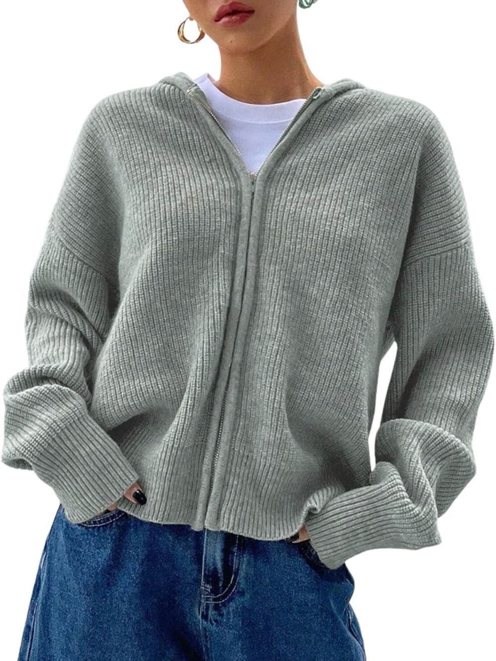 Light Sage Zip-Up Ribbed Hoodie Sweater